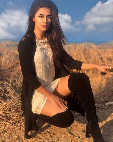 Luxury Suede Heels Boots - lifestyle shot on model, black - Miss Mosa By Akanksha