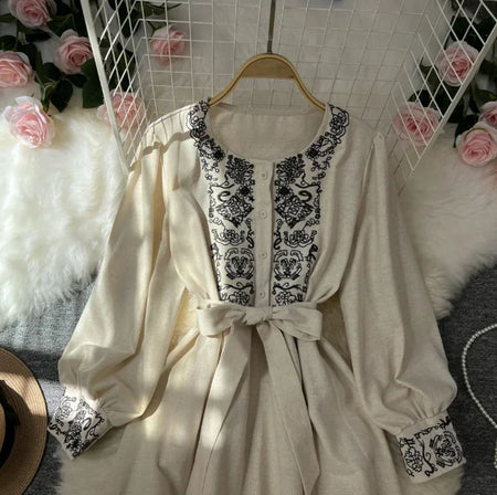 Lyra Statement Belted Dress - front flat-lay product shot on hanger, cream and black - Miss Mosa By Akanksha