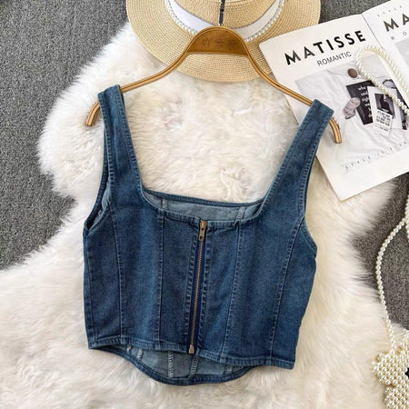 Lyubov Denim Crop Tops - styled flat-lay shot, blue - Miss Mosa By Akanksha