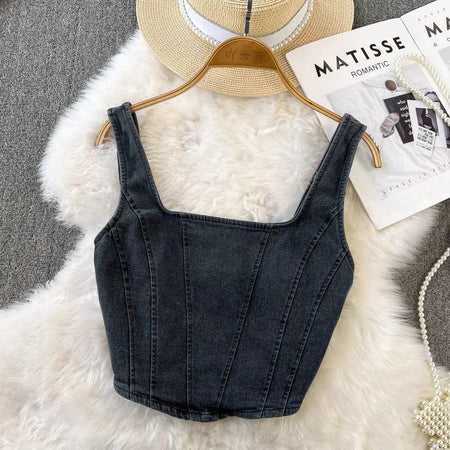 Lyubov Denim Crop Tops - styled flat-lay shot, black - Miss Mosa By Akanksha