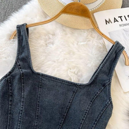 Lyubov Denim Crop Tops - close-up of neckline, grey - Miss Mosa By Akanksha