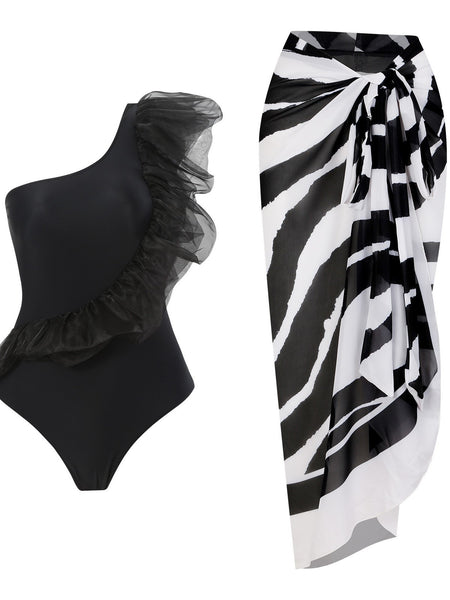 Mabel Ruffle Swimsuit With Sarong - flat-lay shot, black and white - Miss Mosa By Akanksha