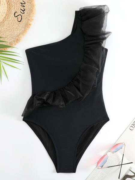 Mabel Ruffle Swimsuit With Sarong - three-quarter shot, black and white - Miss Mosa By Akanksha