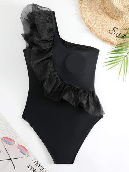 Mabel Ruffle Swimsuit With Sarong - front shot, black - Miss Mosa By Akanksha