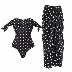 Macey 1Pc Polka Swimsuit With Skirt - flat-lay shot, black and white polka dot - Miss Mosa By Akanksha