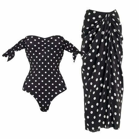 Macey 1Pc Polka Swimsuit With Skirt - flat-lay shot, black and white polka dot - Miss Mosa By Akanksha