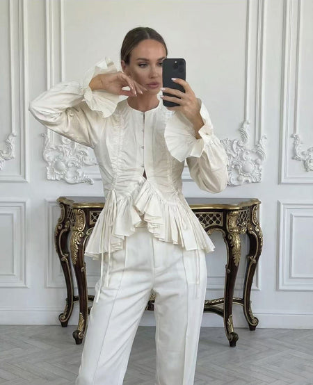 Macey Ruffle Summer Top - styled shot, ivory - Miss Mosa By Akanksha