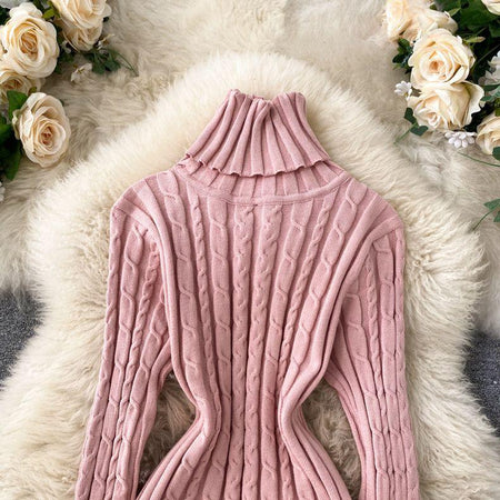 Macy Woolen Bodycon Dress - close-up of turtleneck, pink - Miss Mosa By Akanksha