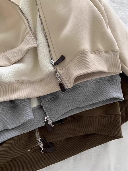 Maddele Premium Fleece Jacket - hem detail shot, beige and grey and brown - Miss Mosa By Akanksha