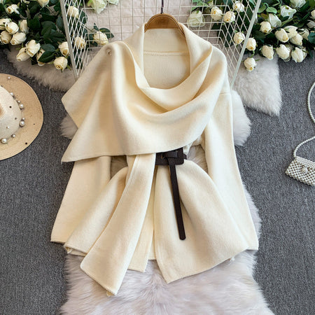 Maddox Luxe Winter Cape With Belt - flat-lay product shot, off-white - Miss Mosa By Akanksha