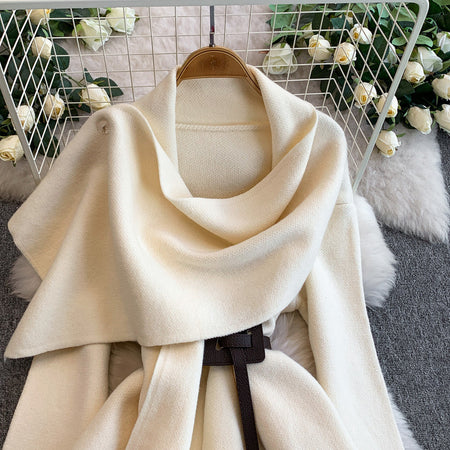 Maddox Luxe Winter Cape With Belt - flat-lay product shot, off-white - Miss Mosa By Akanksha