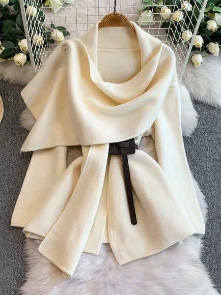 Maddox Luxe Winter Cape With Belt - close-up of belt detail, black - Miss Mosa By Akanksha