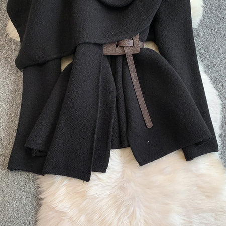Maddox Luxe Winter Cape With Belt - front shot on model, navy blue - Miss Mosa By Akanksha