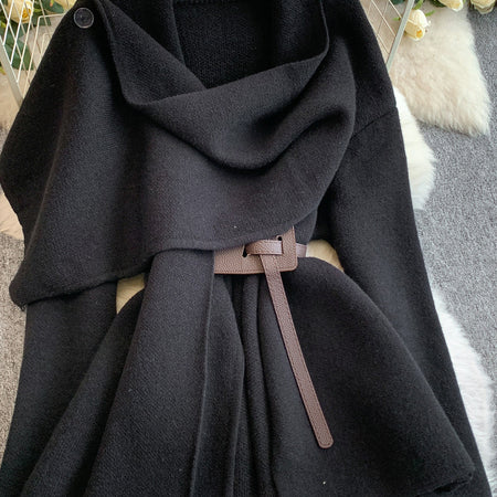 Maddox Luxe Winter Cape With Belt - close-up of belt detail, black - Miss Mosa By Akanksha