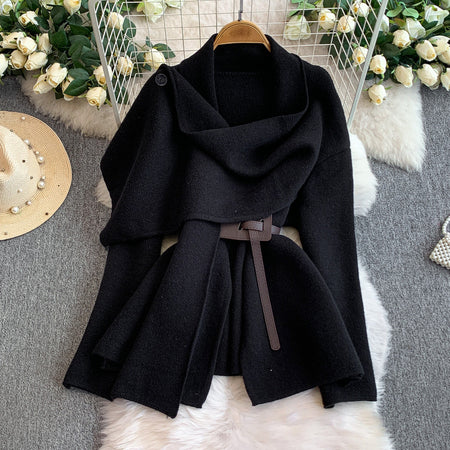 Maddox Luxe Winter Cape With Belt - flat-lay product shot, black - Miss Mosa By Akanksha