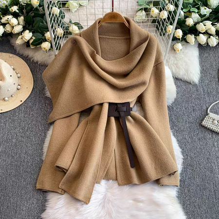Maddox Luxe Winter Cape With Belt - flat-lay product shot, tan - Miss Mosa By Akanksha