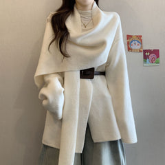 Maddox Luxe Winter Cape With Belt - front shot on model, off-white - Miss Mosa By Akanksha