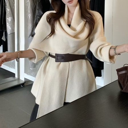 Maddox Luxe Winter Cape With Belt - front shot on model, off-white - Miss Mosa By Akanksha
