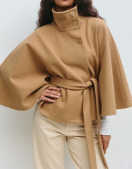Maddy Winter Cape With Belt - front shot on model, camel - Miss Mosa By Akanksha