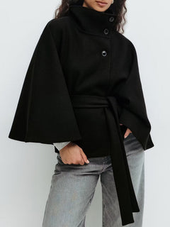 Maddy Winter Cape With Belt - front shot on model, black - Miss Mosa By Akanksha