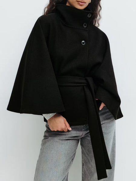 Maddy Winter Cape With Belt - front shot on model, black - Miss Mosa By Akanksha