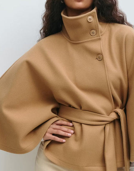 Maddy Winter Cape With Belt - front shot on model, camel - Miss Mosa By Akanksha