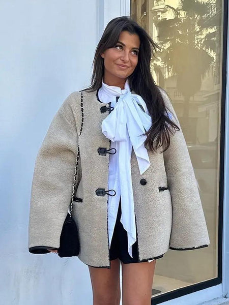 Madelina Soft Fur Jacket - front shot on model outdoors, beige - Miss Mosa By Akanksha