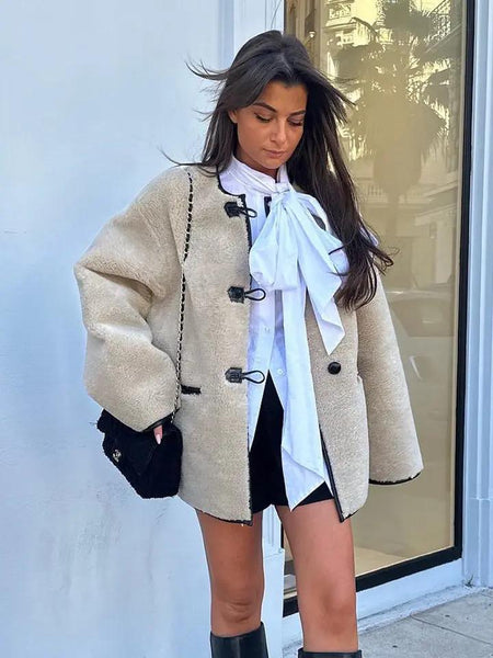 Madelina Soft Fur Jacket - front shot on model outdoors, beige - Miss Mosa By Akanksha
