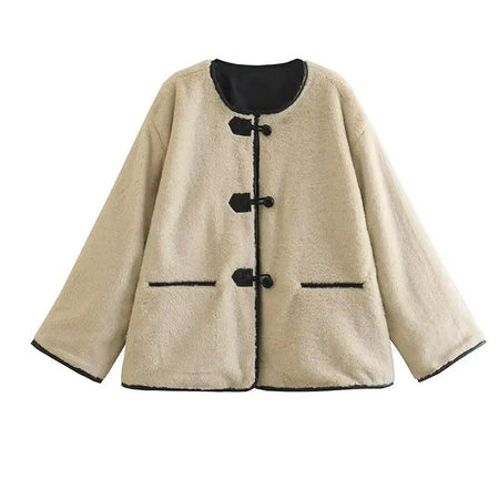 Madelina Soft Fur Jacket - front shot on hanger, beige - Miss Mosa By Akanksha