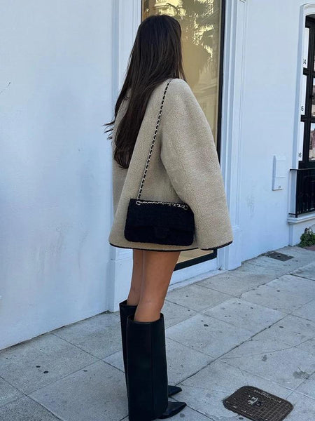 Madelina Soft Fur Jacket - back shot on model with bag, beige - Miss Mosa By Akanksha