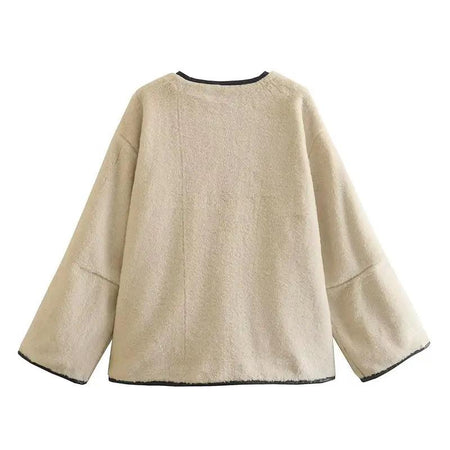 Madelina Soft Fur Jacket - back shot on hanger, beige - Miss Mosa By Akanksha