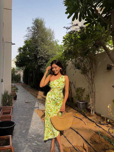 Madison Statement Floral Summer Dress In Green - full-length shot on model, green - Miss Mosa By Akanksha