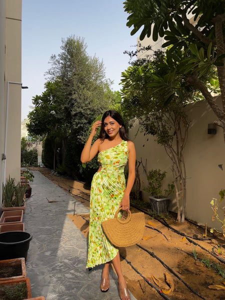 Madison Statement Floral Summer Dress In Green - full-length shot on model, green - Miss Mosa By Akanksha