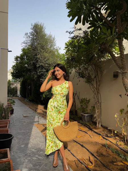 Madison Statement Floral Summer Dress In Green - full-length shot on model, green - Miss Mosa By Akanksha