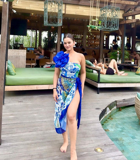 Madonna swimsuit with Sarong Skirt - lifestyle shot on model, blue - Miss Mosa By Akanksha