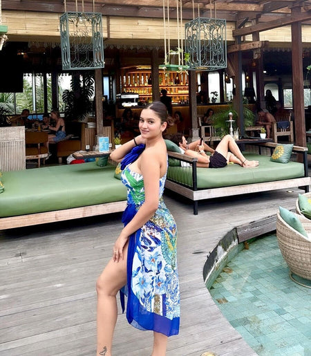 Madonna swimsuit with Sarong Skirt - side shot on model, blue - Miss Mosa By Akanksha