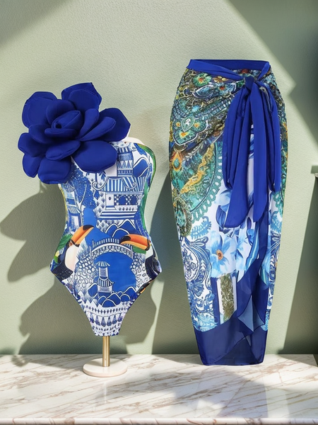 Madonna swimsuit with Sarong Skirt - styled flat-lay shot, blue - Miss Mosa By Akanksha