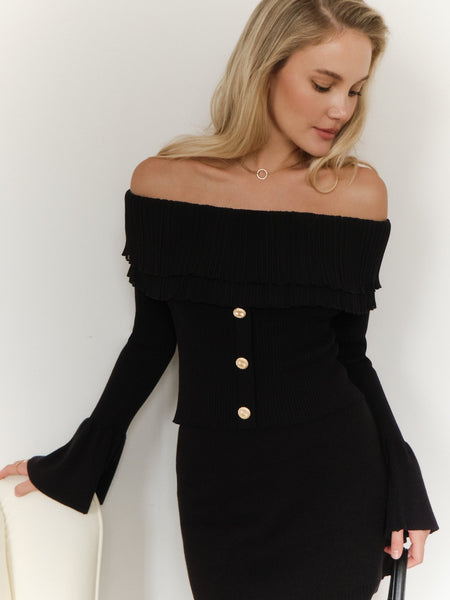 Maelie Off Shoulder Knit Top - front shot, black - Miss Mosa By Akanksha