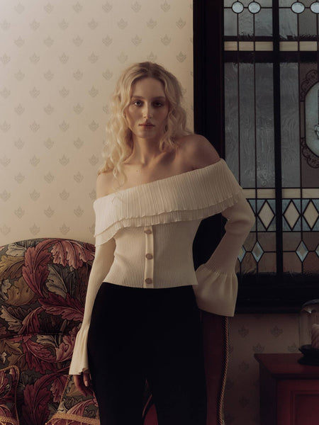 Maelie Off Shoulder Knit Top - styled shot, cream - Miss Mosa By Akanksha