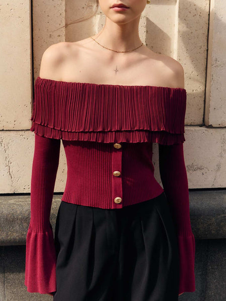 Maelie Off Shoulder Knit Top - seated side shot, cream - Miss Mosa By Akanksha