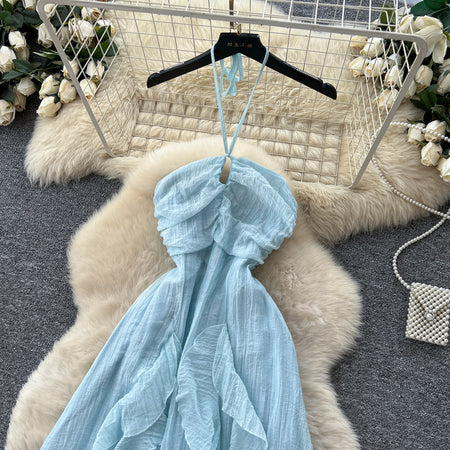 Maelle Ruffle Maxi Dress - flat-lay bodice detail shot, light blue - Miss Mosa By Akanksha