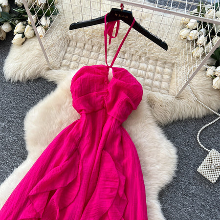 Maelle Ruffle Maxi Dress - flat-lay bodice detail shot, hot pink - Miss Mosa By Akanksha