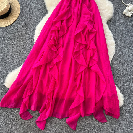 Maelle Ruffle Maxi Dress - skirt ruffle detail shot, hot pink - Miss Mosa By Akanksha