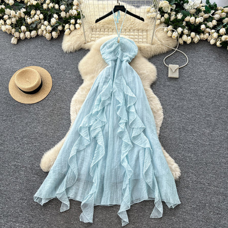 Maelle Ruffle Maxi Dress - flat-lay shot, light blue - Miss Mosa By Akanksha