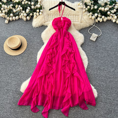 Maelle Ruffle Maxi Dress - flat-lay shot, hot pink - Miss Mosa By Akanksha