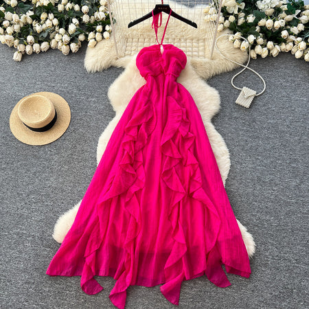 Maelle Ruffle Maxi Dress - flat-lay shot, hot pink - Miss Mosa By Akanksha