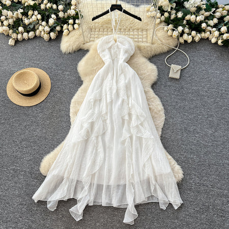 Maelle Ruffle Maxi Dress - flat-lay shot, white - Miss Mosa By Akanksha