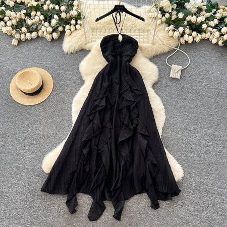 Maelle Ruffle Maxi Dress - flat-lay shot, black - Miss Mosa By Akanksha