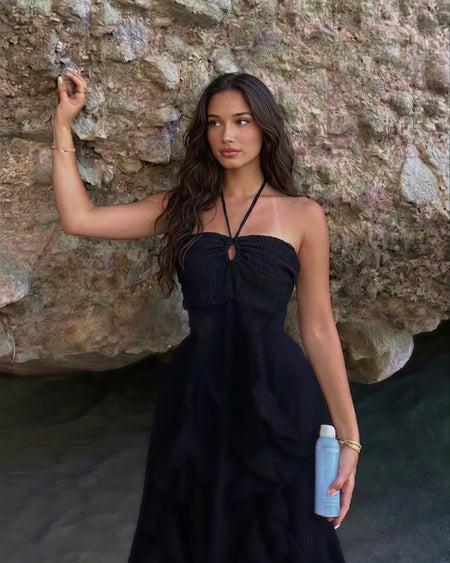 Maelle Ruffle Maxi Dress - front shot, black - Miss Mosa By Akanksha