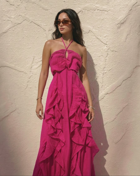 Maelle Ruffle Maxi Dress - front full-length shot, hot pink - Miss Mosa By Akanksha